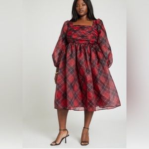 Eloquii Plaid Puff Sleeve Midi Dress